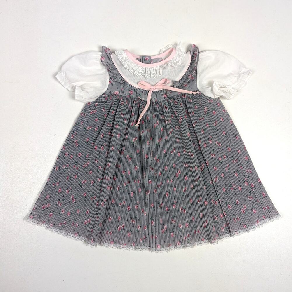 Vtg Sears Dress Girls Sz 2T Gray Pleated Floral 80s Frilly Girly Dainty
